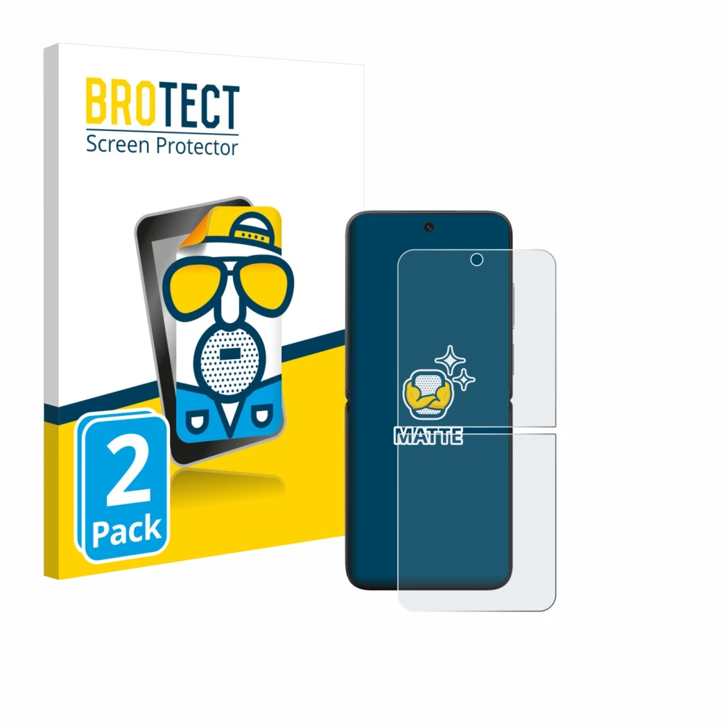 Vorderseite einer Produktverpackung mit dem Markenlogo BROTECT. Daneben ist das Gerät Xiaomi MIX Flip mit dem zugehörigen Disp