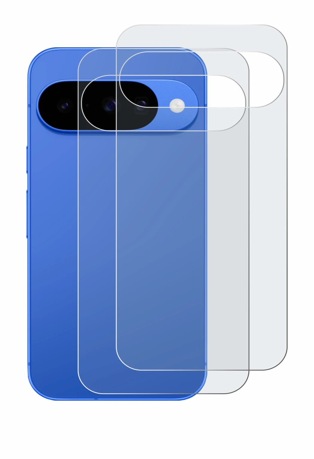 Abbildung des Geräts Google Pixel 10 (Rückseite) mit einer Vielzahl des Displayschutzes.