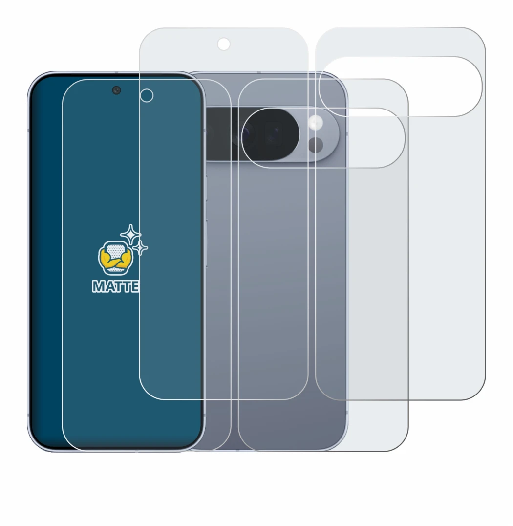 Abbildung des Geräts Google Pixel 10 Pro (Display+Rückseite) mit einer Vielzahl des Displayschutzes.