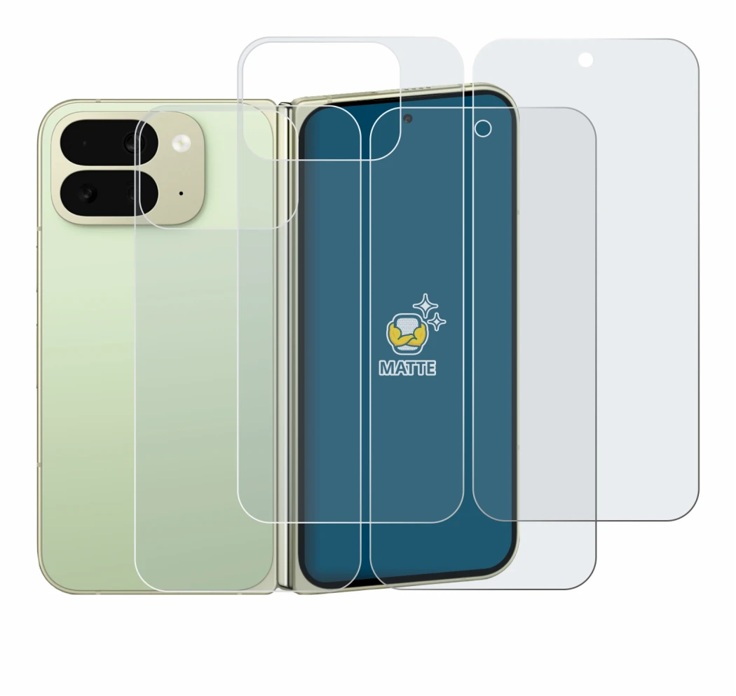 Abbildung des Geräts Google Pixel 10 Pro Fold (Display+Rückseite) mit einer Vielzahl des Displayschutzes.