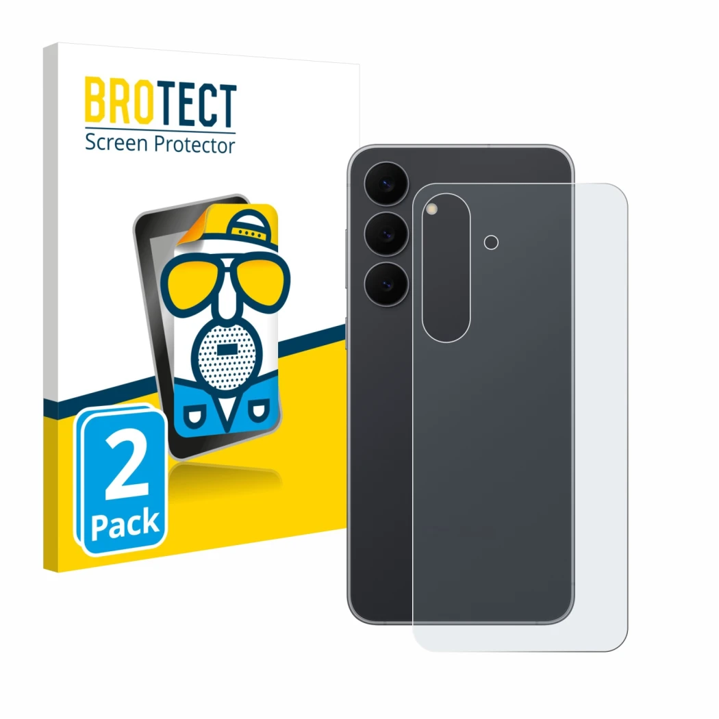 Vorderseite einer Produktverpackung mit dem Markenlogo BROTECT. Daneben ist das Gerät Samsung Galaxy S25 FE (Rückseite) mit de