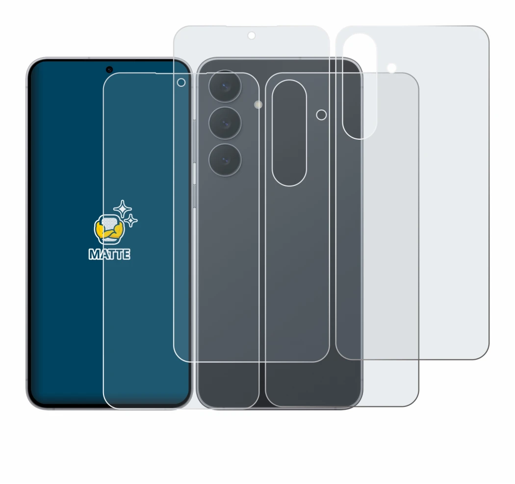 Abbildung des Geräts Samsung Galaxy S25 FE (Display+Rückseite) mit einer Vielzahl des Displayschutzes.