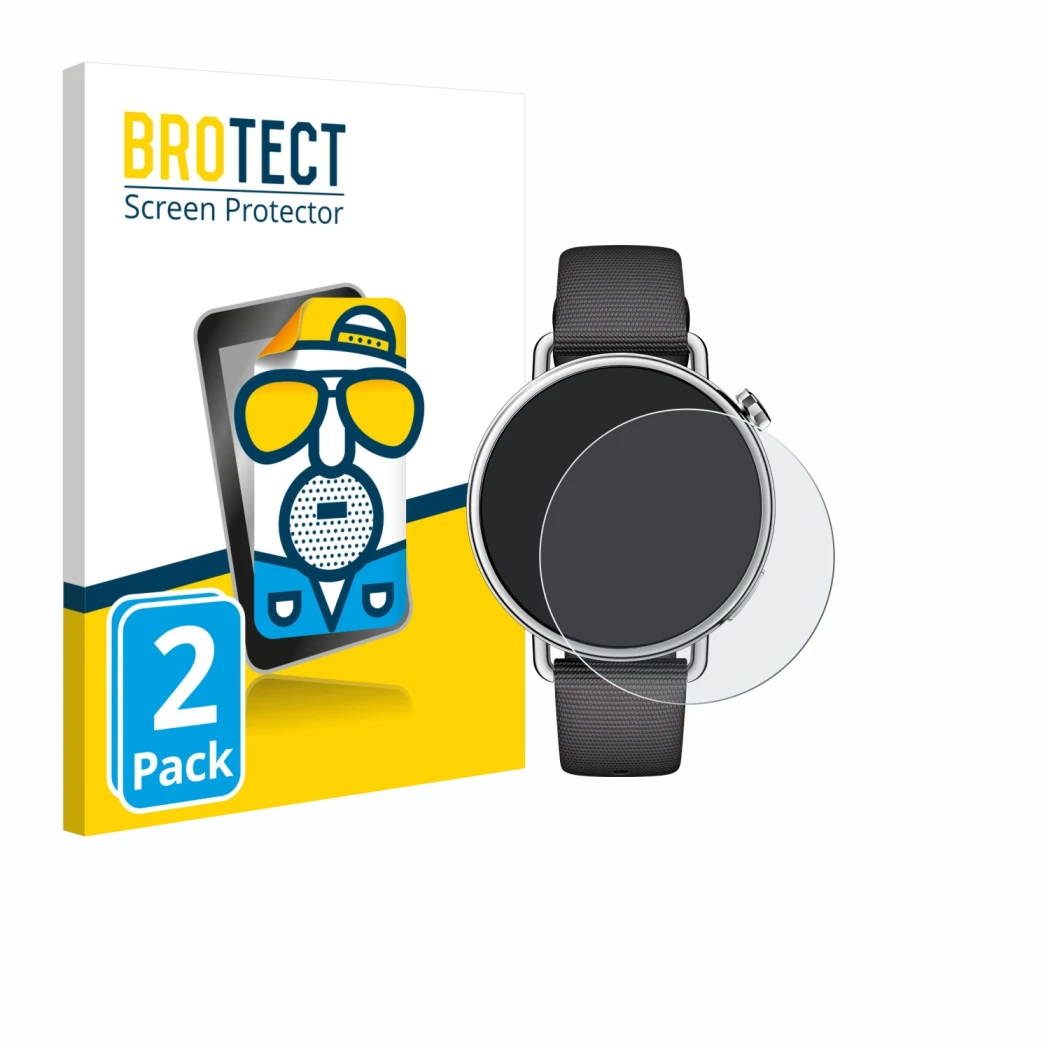 Vorderseite einer Produktverpackung mit dem Markenlogo BROTECT. Daneben ist das Gerät Xiaomi Watch S4 (41 mm) mit dem zugehöri