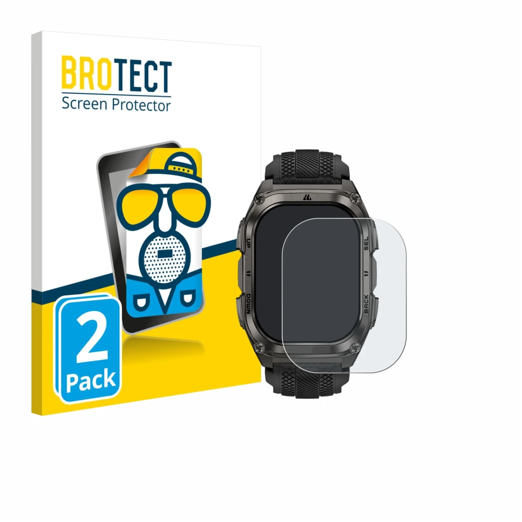 Vorderseite einer Produktverpackung mit dem Markenlogo BROTECT. Daneben ist das Gerät Kospet Tank M4 mit dem zugehörigen Displ