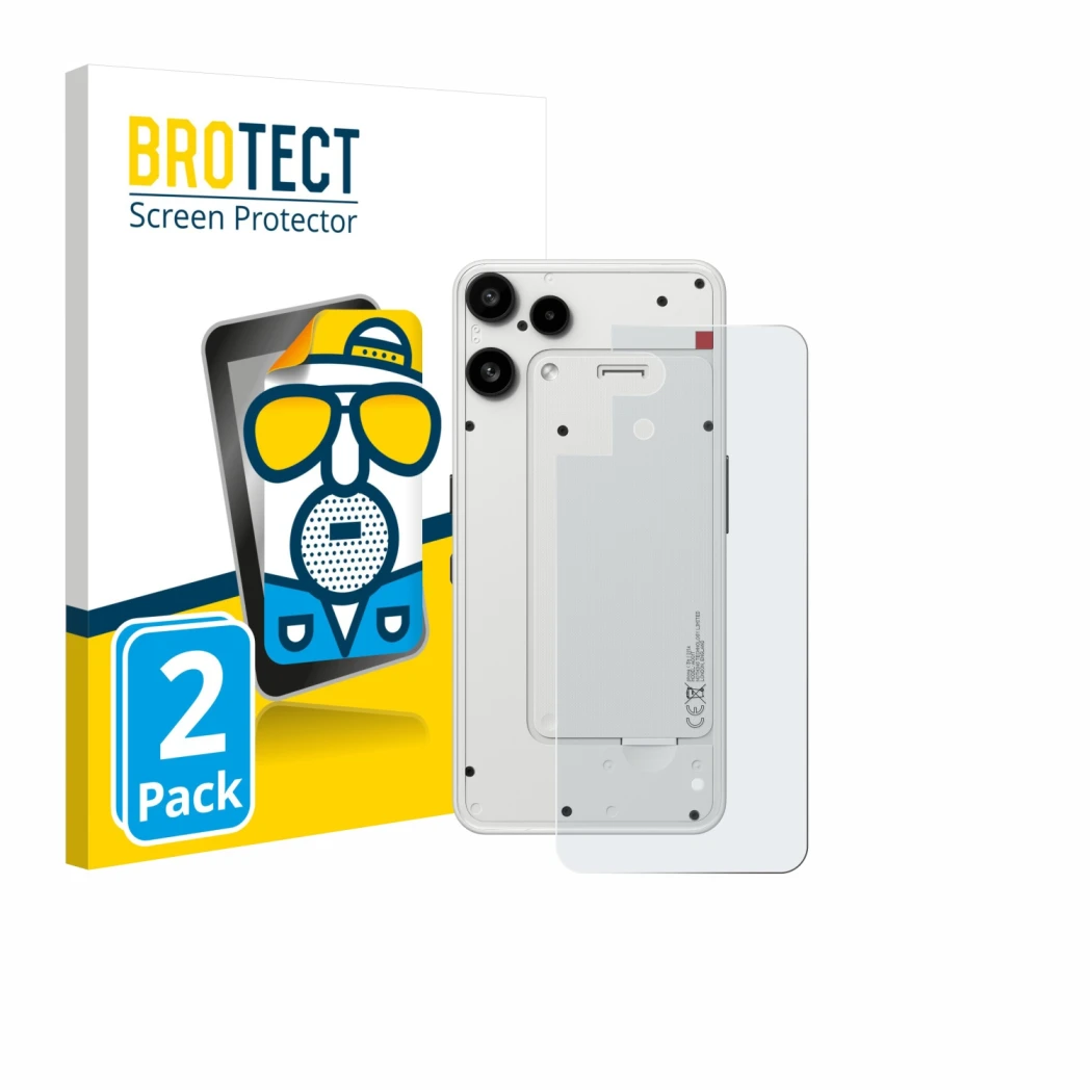 Vorderseite einer Produktverpackung mit dem Markenlogo BROTECT. Daneben ist das Gerät Nothing Phone (3a) Lite (Rückseite) mit 