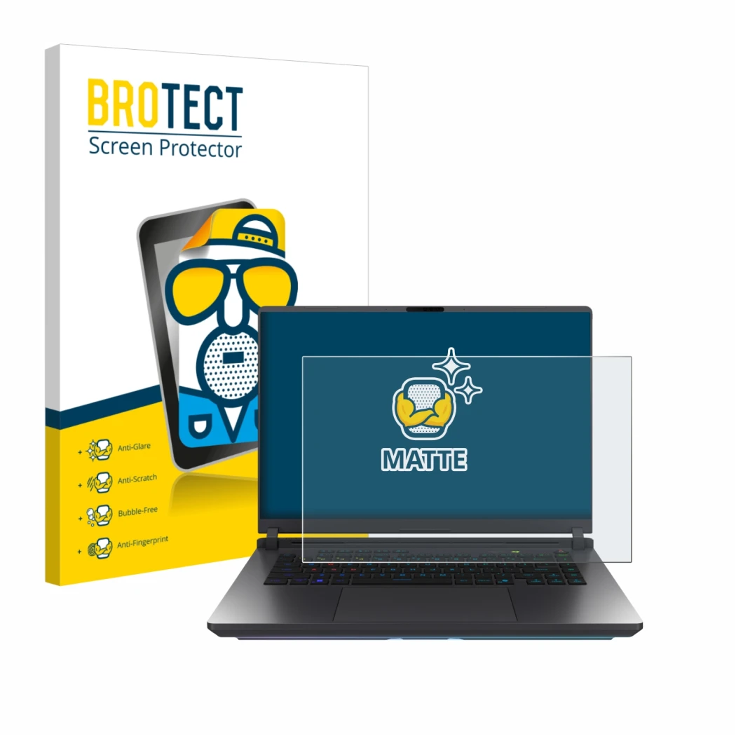 Vorderseite einer Produktverpackung mit dem Markenlogo BROTECT. Daneben ist das Gerät ASUS ROG Strix G16 2025 mit dem zugehöri