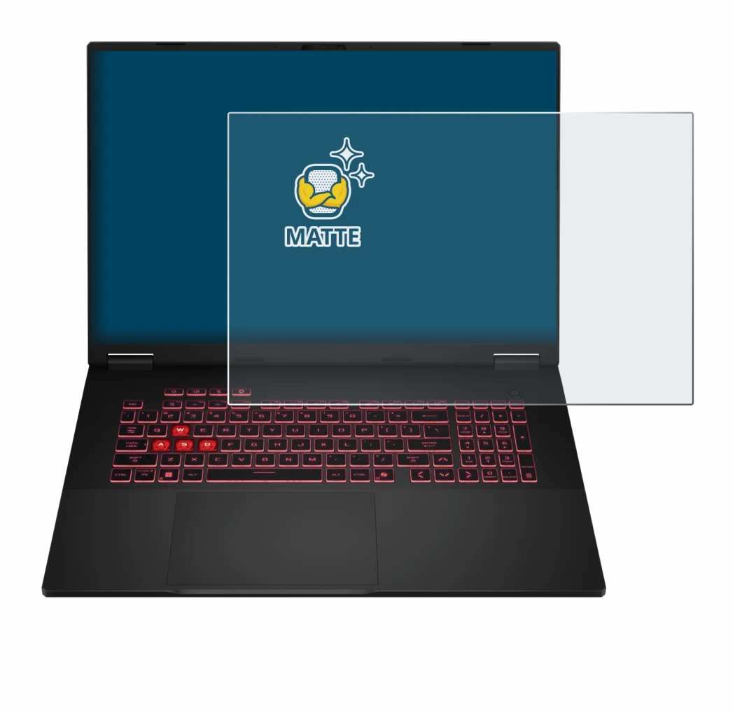 Abbildung des Geräts ASUS TUF Gaming A18 2025 mit einer Vielzahl des Displayschutzes.