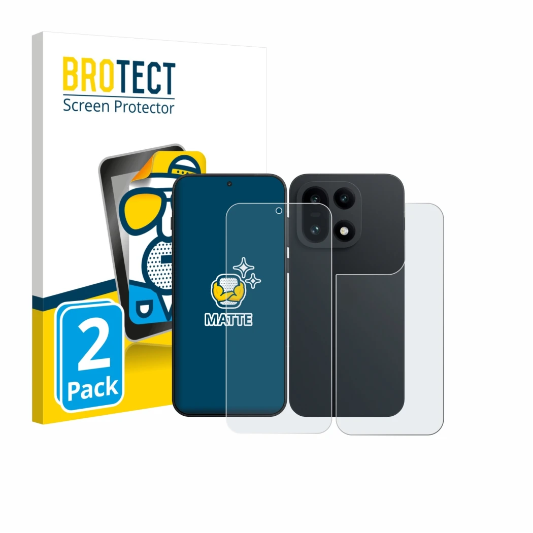 Vorderseite einer Produktverpackung mit dem Markenlogo BROTECT. Daneben ist das Gerät OnePlus 15 (Display+Rückseite) mit dem z