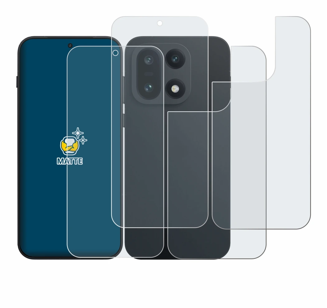 Abbildung des Geräts OnePlus 15 (Display+Rückseite) mit einer Vielzahl des Displayschutzes.