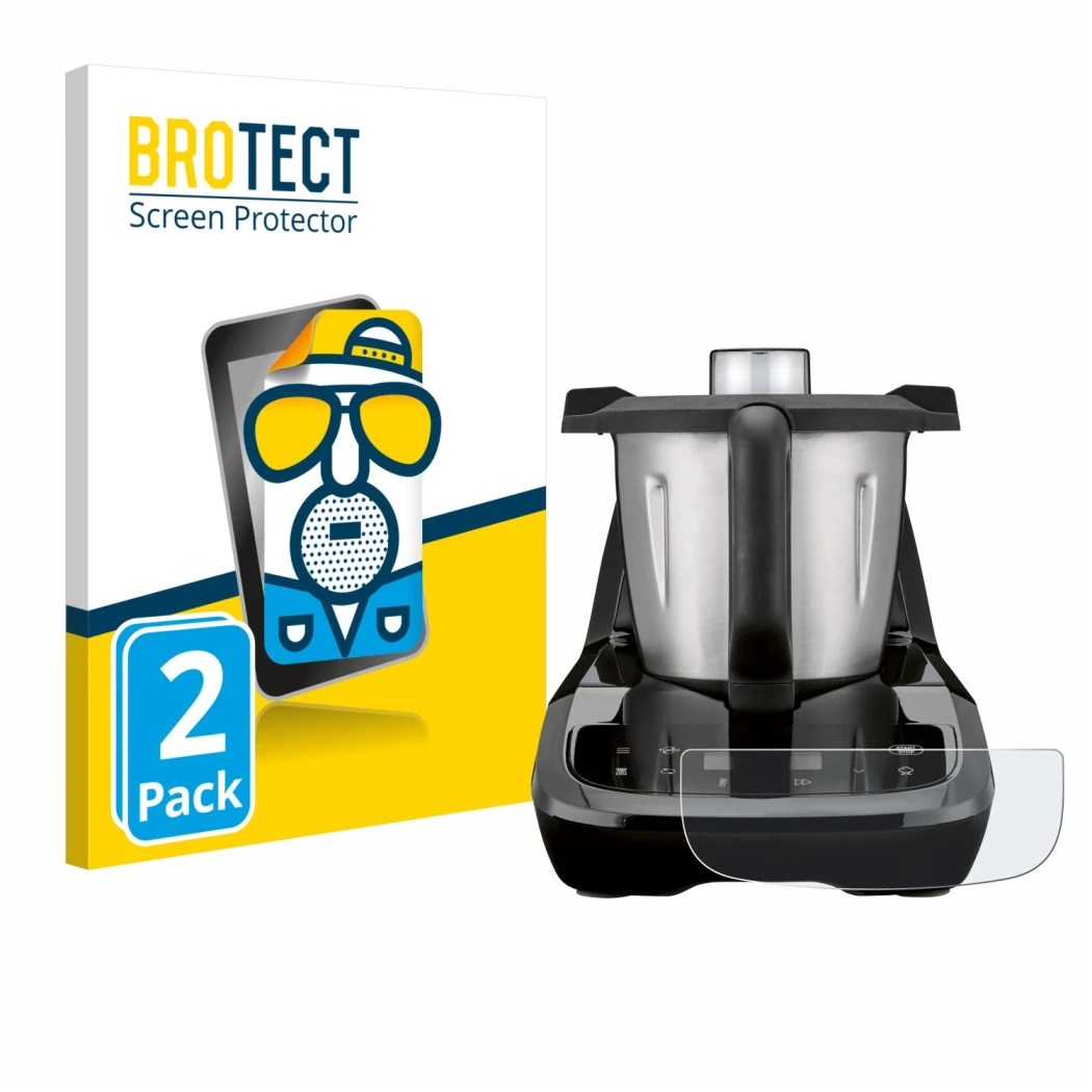 Vorderseite einer Produktverpackung mit dem Markenlogo BROTECT. Daneben ist das Gerät SilverCrest Monsieur Cuisine compact mit