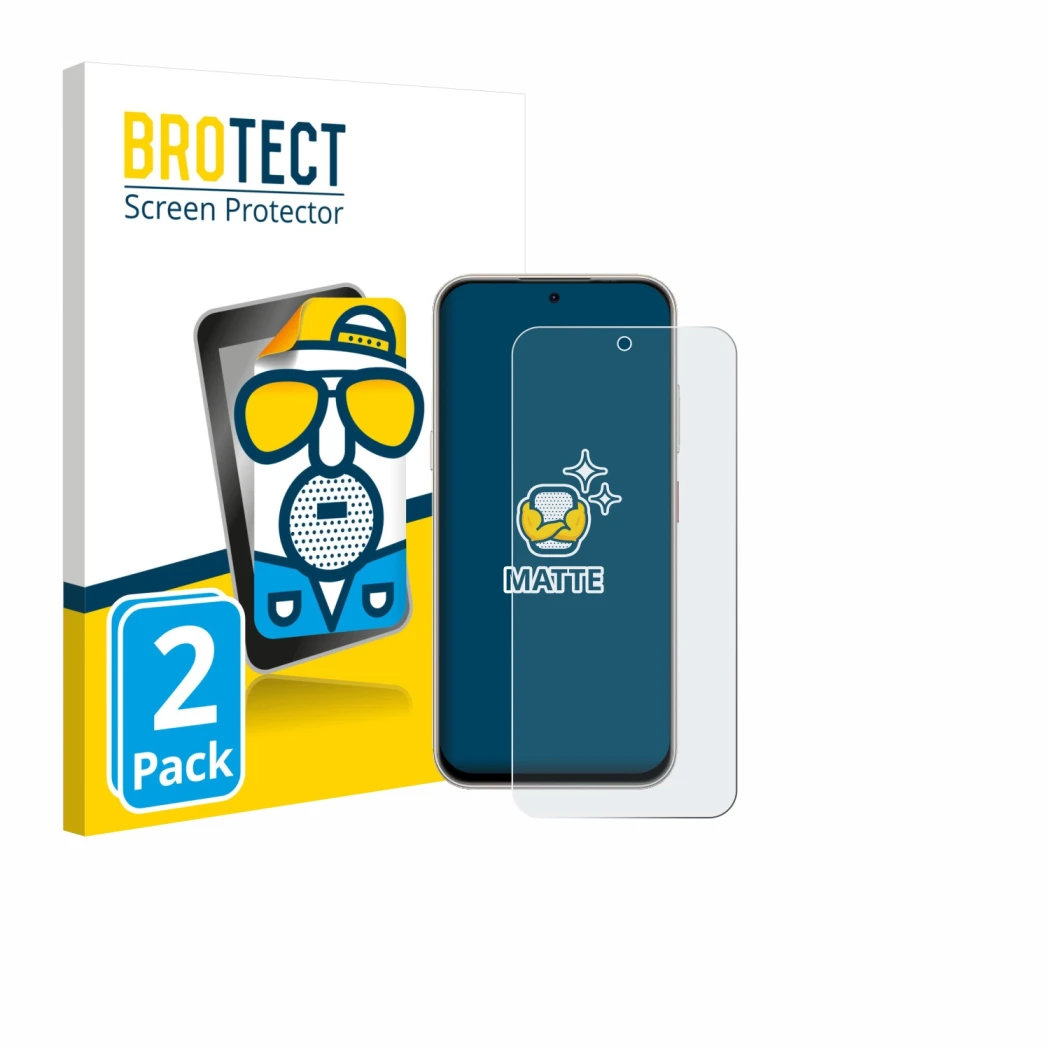 Vorderseite einer Produktverpackung mit dem Markenlogo BROTECT. Daneben ist das Gerät Nubia V80 Pro mit dem zugehörigen Displa