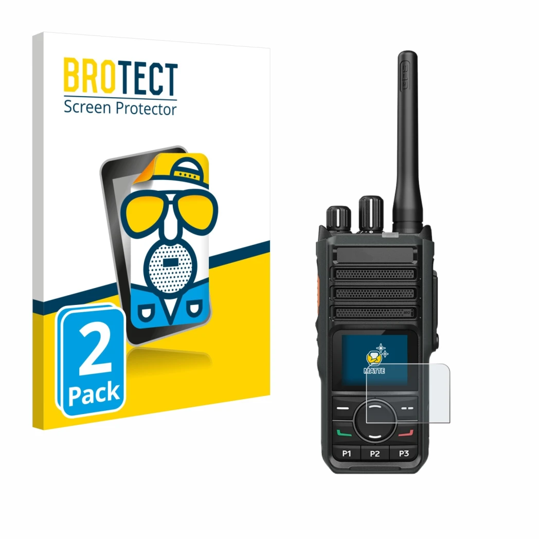 Vorderseite einer Produktverpackung mit dem Markenlogo BROTECT. Daneben ist das Gerät Hytera HP565 mit dem zugehörigen Display