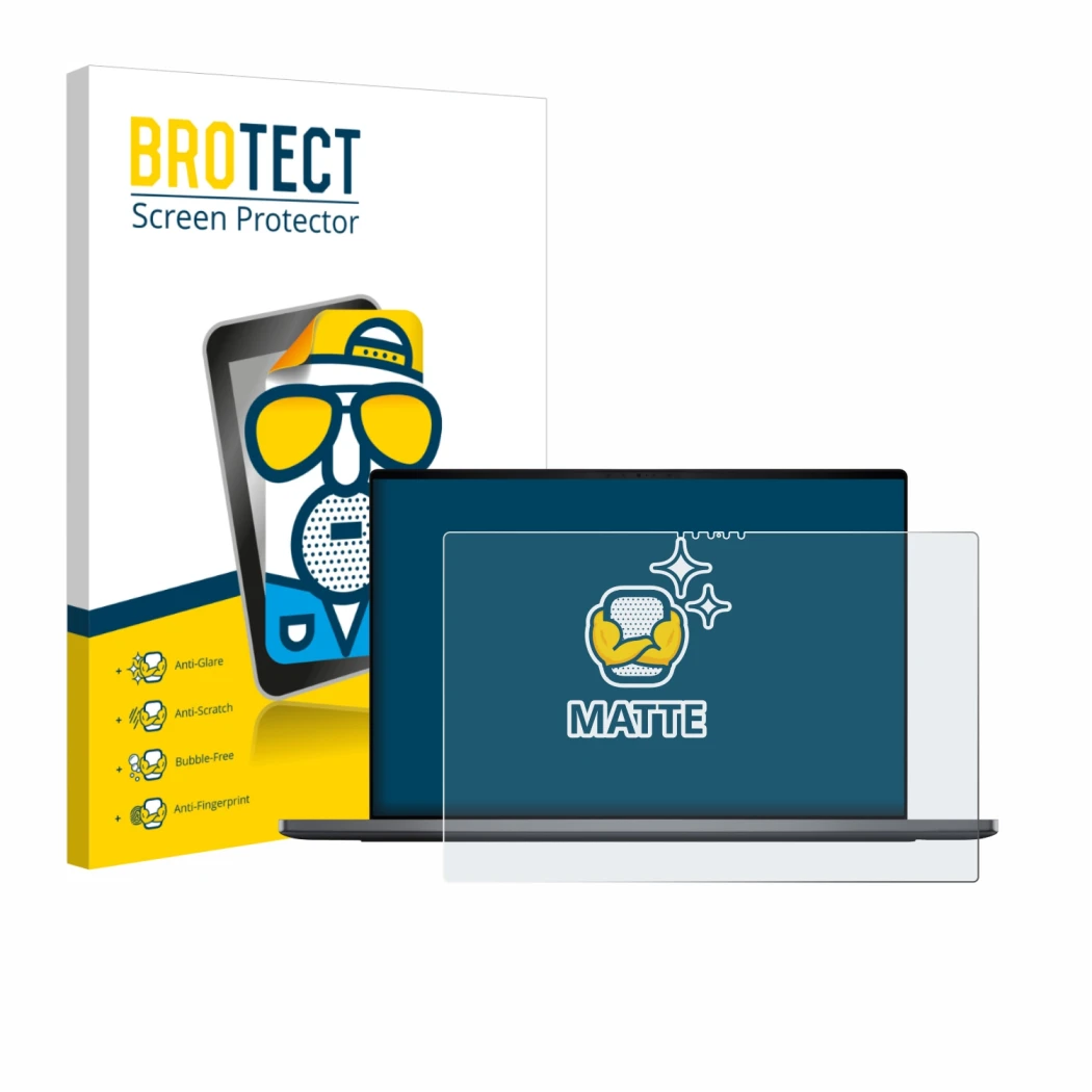 Vorderseite einer Produktverpackung mit dem Markenlogo BROTECT. Daneben ist das Gerät Dell XPS 16 DA16260 mit dem zugehörigen 