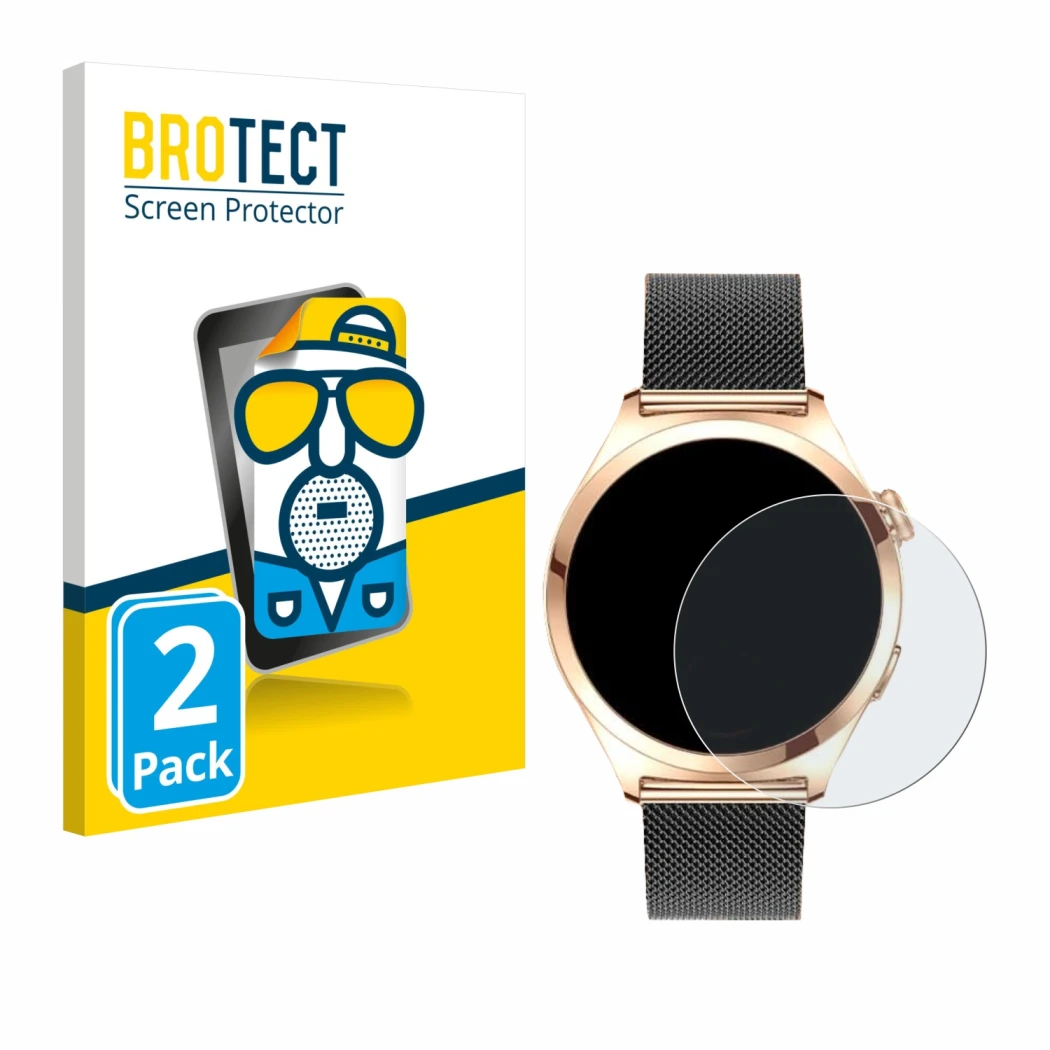 Vorderseite einer Produktverpackung mit dem Markenlogo BROTECT. Daneben ist das Gerät Niolina Smartwatch 1.27