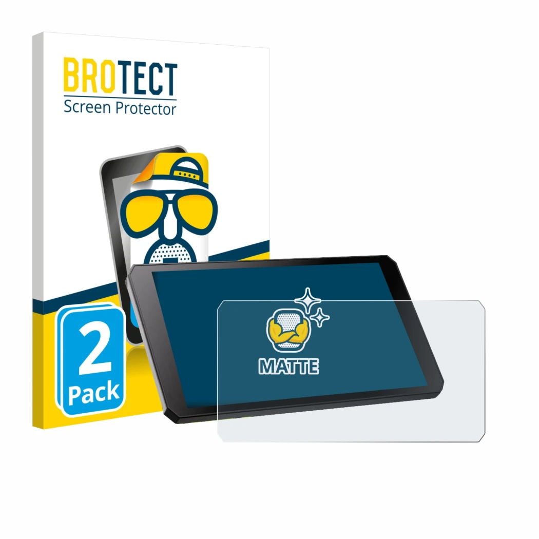 Vorderseite einer Produktverpackung mit dem Markenlogo BROTECT. Daneben ist das Gerät RiderNav R7M mit dem zugehörigen Display