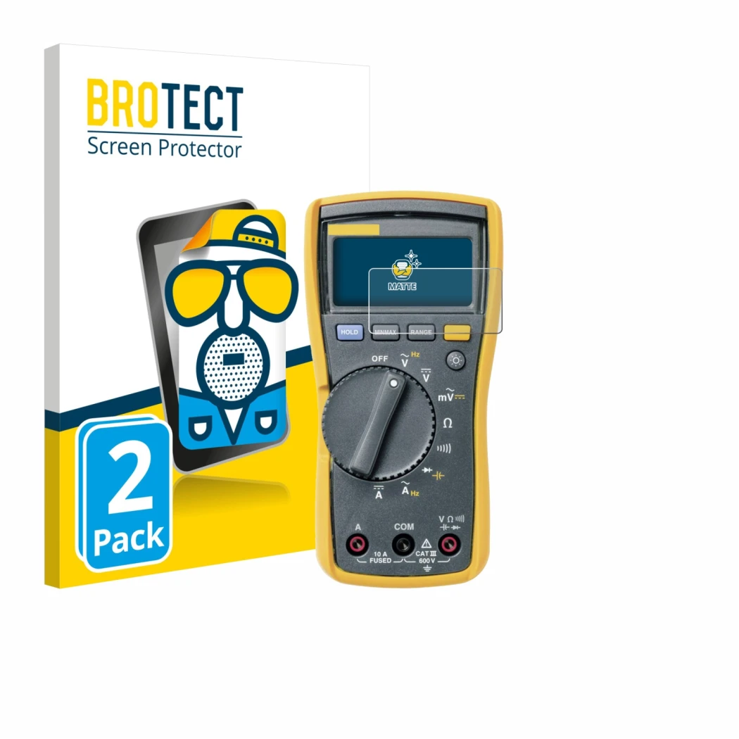 Vorderseite einer Produktverpackung mit dem Markenlogo BROTECT. Daneben ist das Gerät Fluke MultiMeter 115 mit dem zugehörigen
