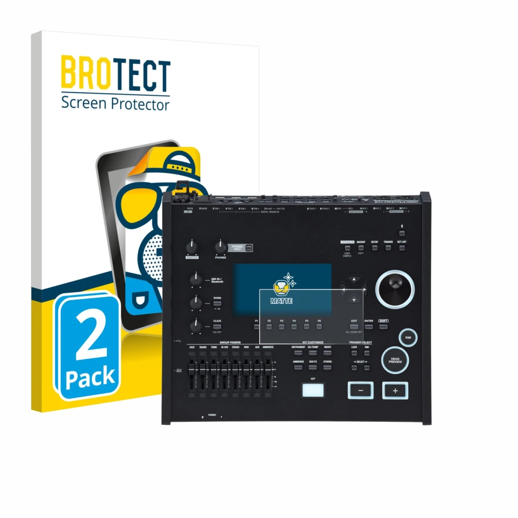 Vorderseite einer Produktverpackung mit dem Markenlogo BROTECT. Daneben ist das Gerät Roland V71 mit dem zugehörigen Displaysc