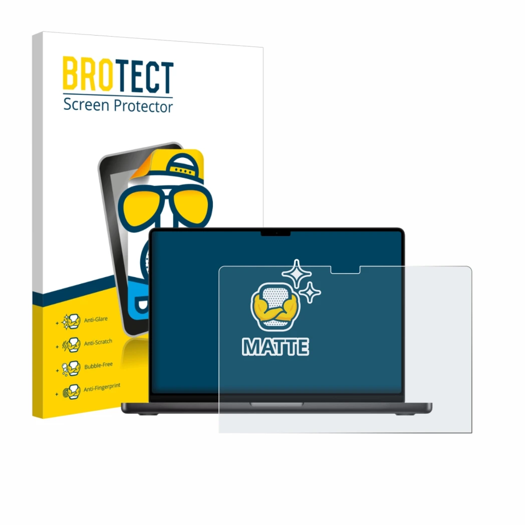 Vorderseite einer Produktverpackung mit dem Markenlogo BROTECT. Daneben ist das Gerät Apple MacBook Pro 14