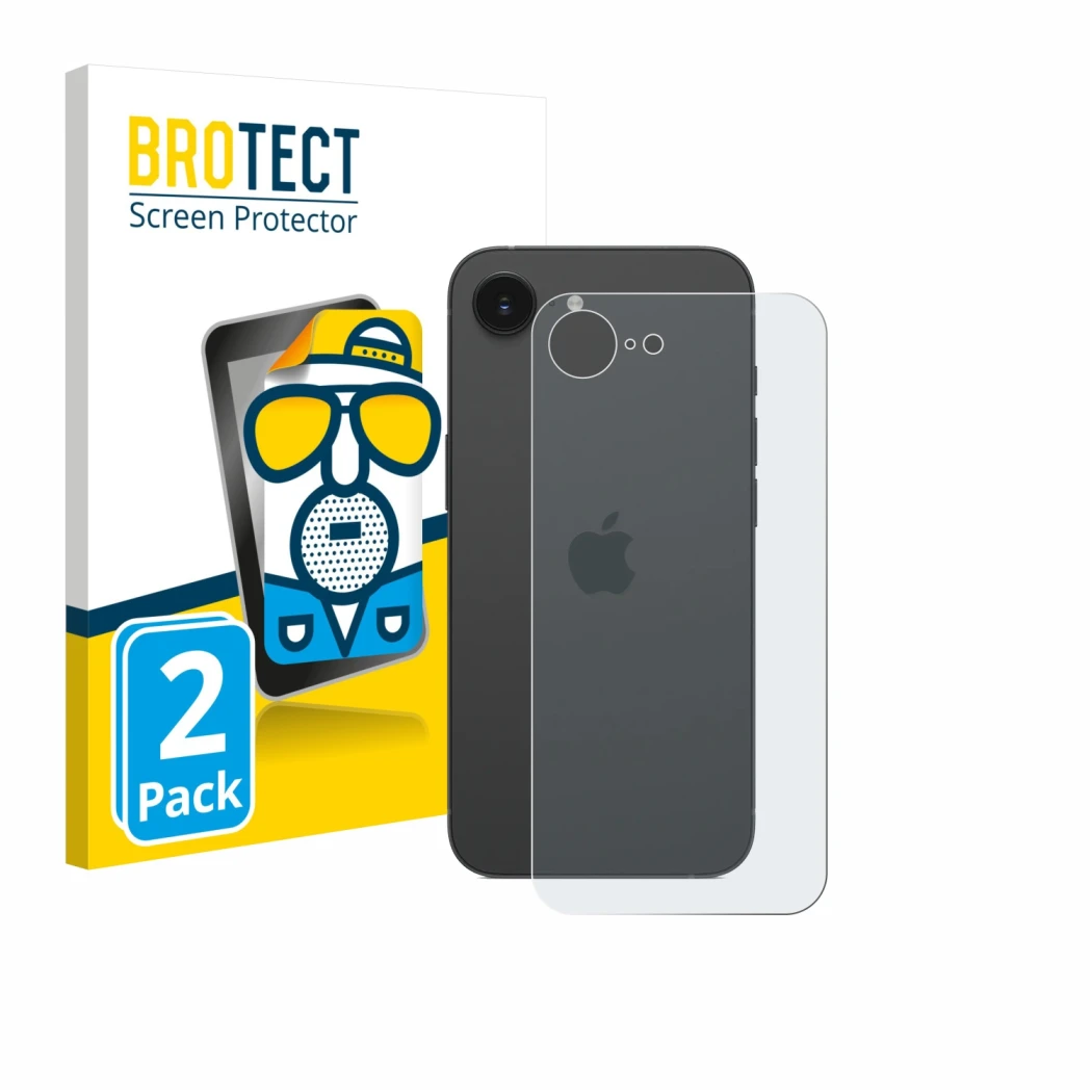 Vorderseite einer Produktverpackung mit dem Markenlogo BROTECT. Daneben ist das Gerät Apple iPhone 17e (Rückseite) mit dem zug