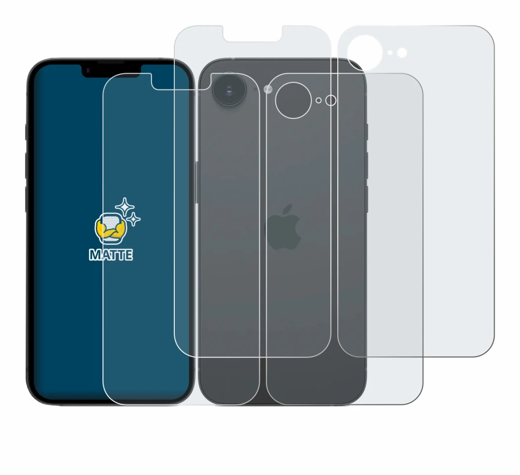 Abbildung des Geräts Apple iPhone 17e (Display+Rückseite) mit einer Vielzahl des Displayschutzes.
