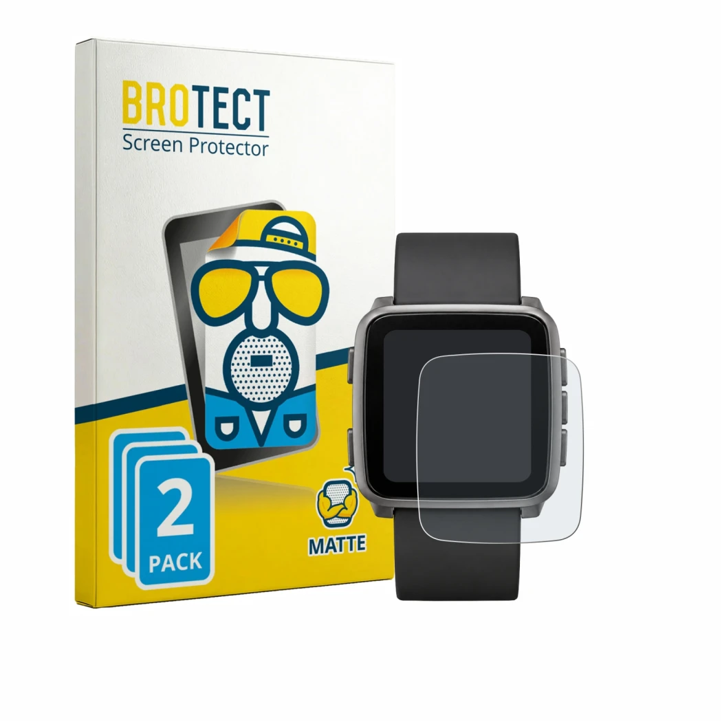 Vorderseite einer Produktverpackung mit dem Markenlogo BROTECT. Daneben ist das Gerät Pebble Time 2 2026 mit dem zugehörigen D