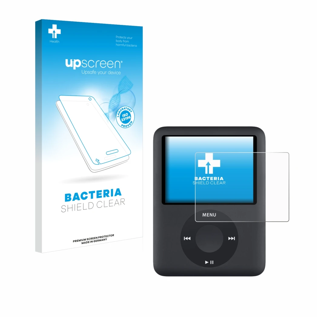 Vorderseite einer Produktverpackung mit dem Markenlogo upscreen. Daneben ist das Gerät Apple iPod nano (3. Gen.) mit dem zugeh