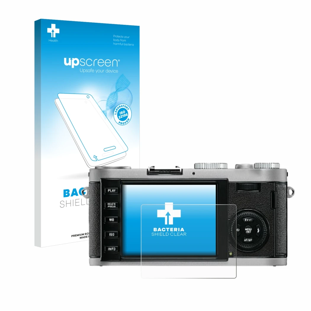 Vorderseite einer Produktverpackung mit dem Markenlogo upscreen. Daneben ist das Gerät Leica X1 mit dem zugehörigen Displaysch