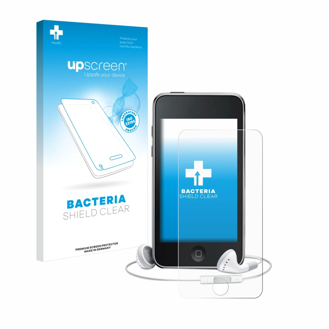 Vorderseite einer Produktverpackung mit dem Markenlogo upscreen. Daneben ist das Gerät Apple iPod Touch (3. Gen.) mit dem zuge