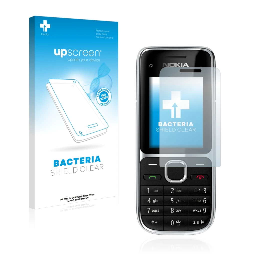 Vorderseite einer Produktverpackung mit dem Markenlogo upscreen. Daneben ist das Gerät Nokia C2-01 mit dem zugehörigen Display