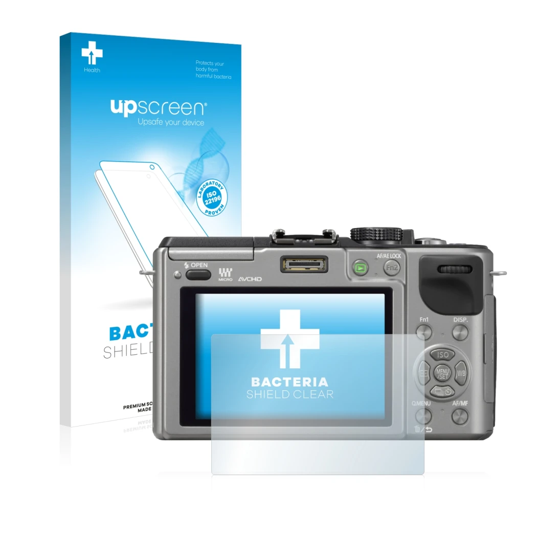 Vorderseite einer Produktverpackung mit dem Markenlogo upscreen. Daneben ist das Gerät Panasonic Lumix DMC-GX1 mit dem zugehör