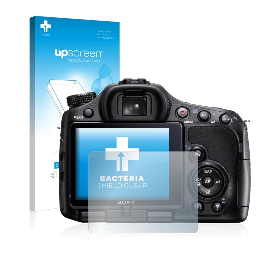 Vorderseite einer Produktverpackung mit dem Markenlogo upscreen. Daneben ist das Gerät Sony Alpha 57 (SLT-A57) mit dem zugehör