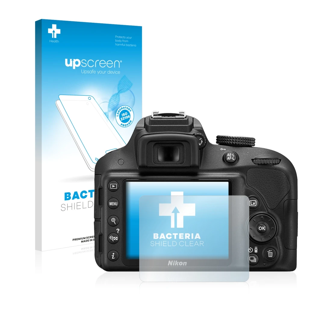 Vorderseite einer Produktverpackung mit dem Markenlogo upscreen. Daneben ist das Gerät Nikon D3300 mit dem zugehörigen Display