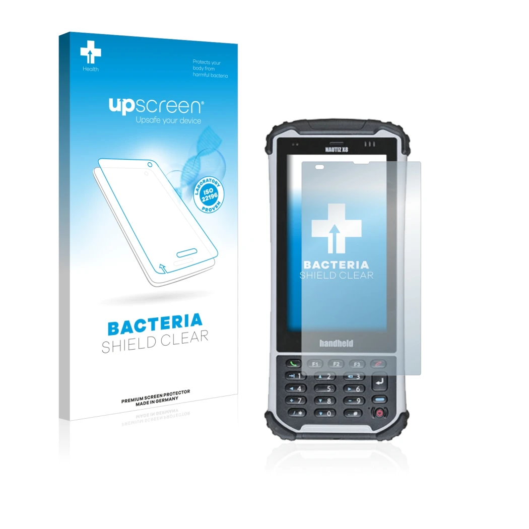 Vorderseite einer Produktverpackung mit dem Markenlogo upscreen. Daneben ist das Gerät Handheld Nautiz X8 mit dem zugehörigen 