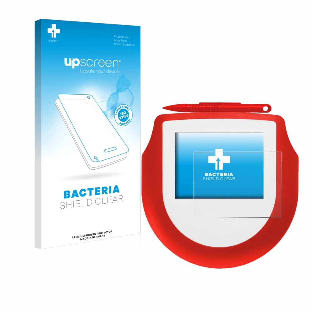 Vorderseite einer Produktverpackung mit dem Markenlogo upscreen. Daneben ist das Gerät Signotec Signature Pad Omega mit dem zu