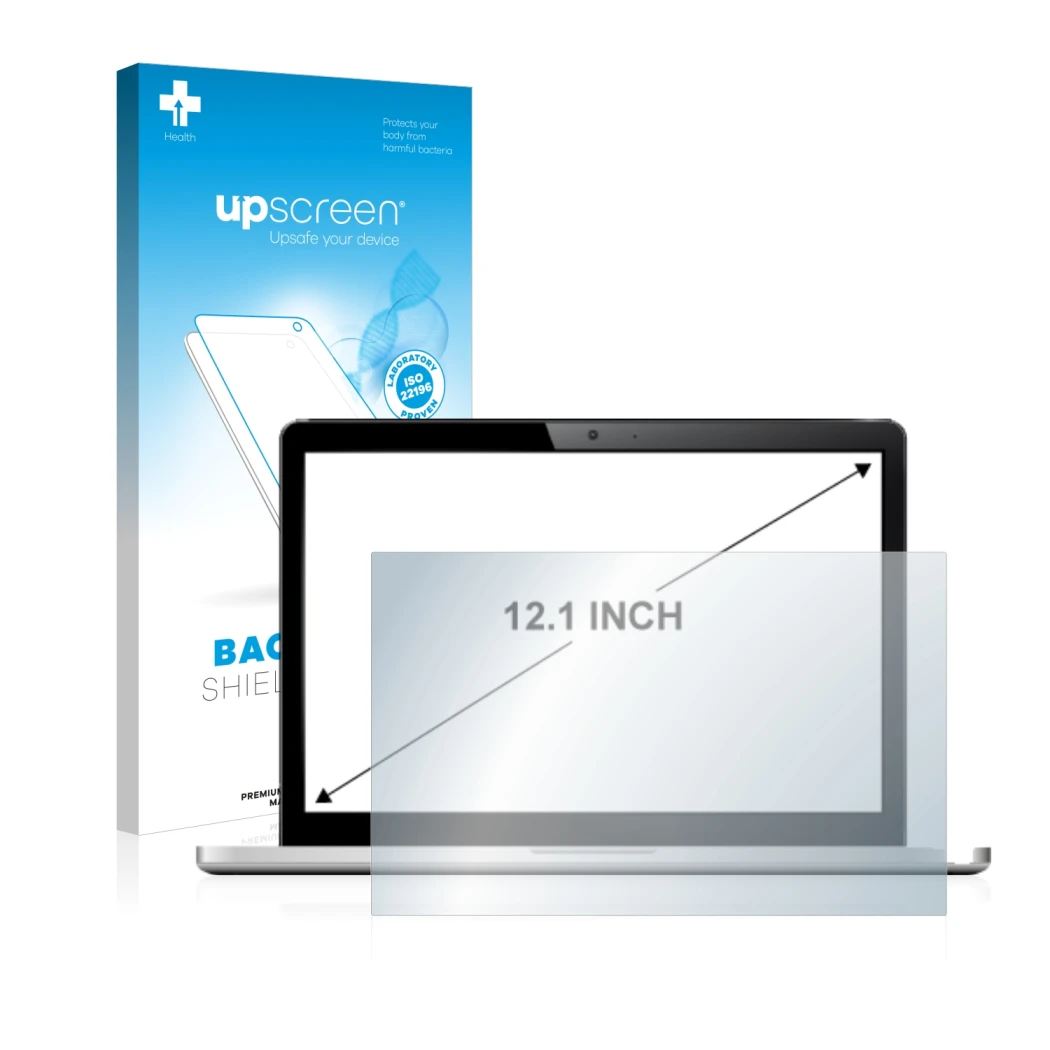 Vorderseite einer Produktverpackung mit dem Markenlogo upscreen. Daneben ist das Gerät mit dem zugehörigen Displayschutz abgeb