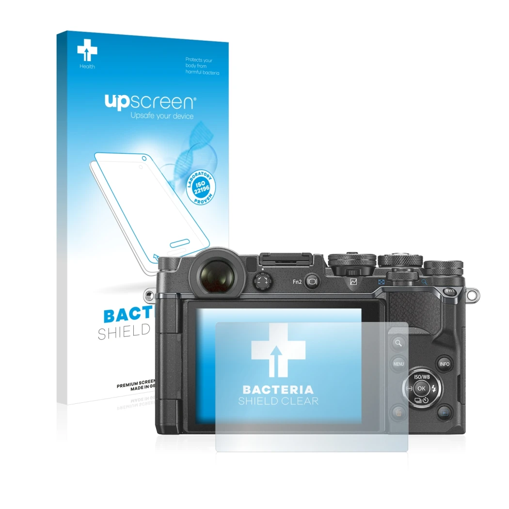 Vorderseite einer Produktverpackung mit dem Markenlogo upscreen. Daneben ist das Gerät Olympus PEN-F mit dem zugehörigen Displ