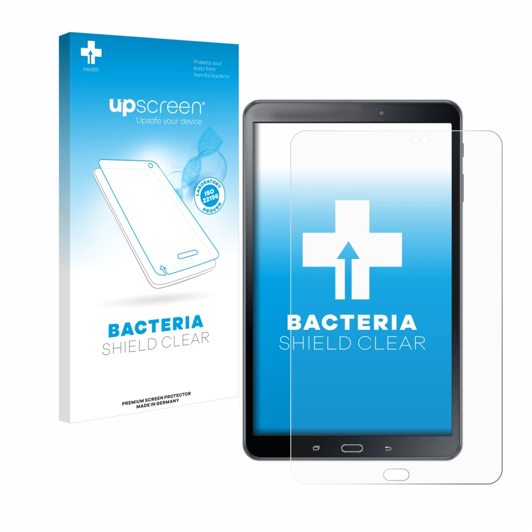 Vorderseite einer Produktverpackung mit dem Markenlogo upscreen. Daneben ist das Gerät Samsung Galaxy Tab A 10.1 2016 SM-T585 