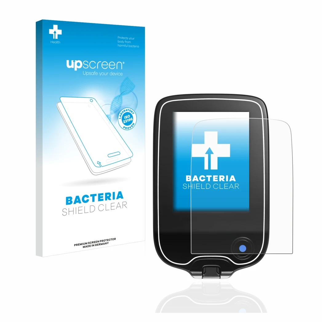 Vorderseite einer Produktverpackung mit dem Markenlogo upscreen. Daneben ist das Gerät Freestyle Libre mit dem zugehörigen Dis