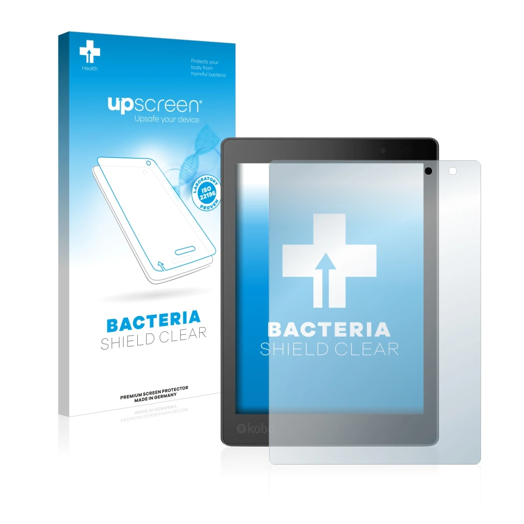 Vorderseite einer Produktverpackung mit dem Markenlogo upscreen. Daneben ist das Gerät Kobo Aura One mit dem zugehörigen Displ