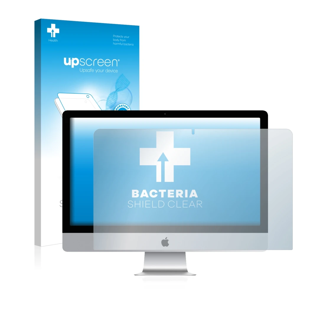 Vorderseite einer Produktverpackung mit dem Markenlogo upscreen. Daneben ist das Gerät Apple iMac 21.5