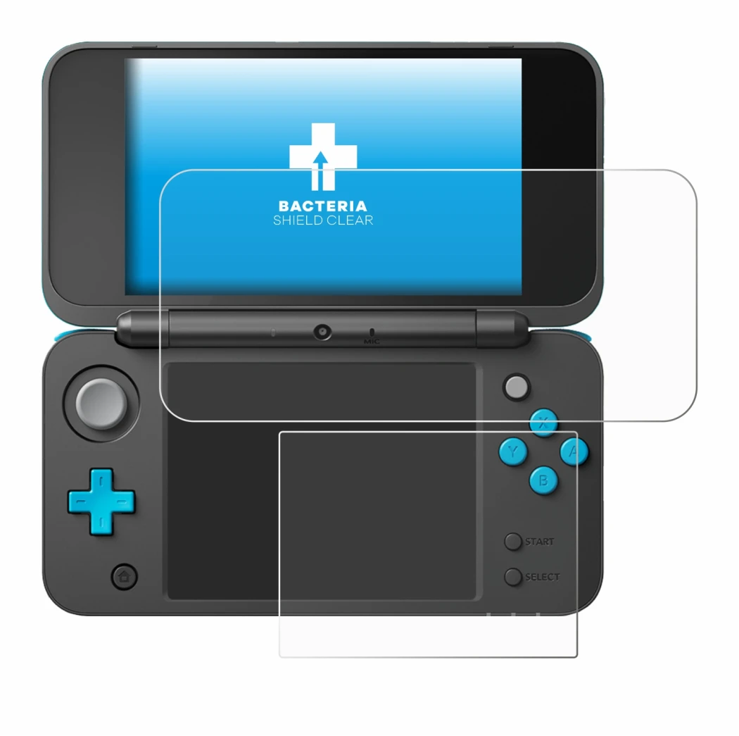 Abbildung des Geräts New Nintendo 2DS XL mit einer Vielzahl des Displayschutzes.