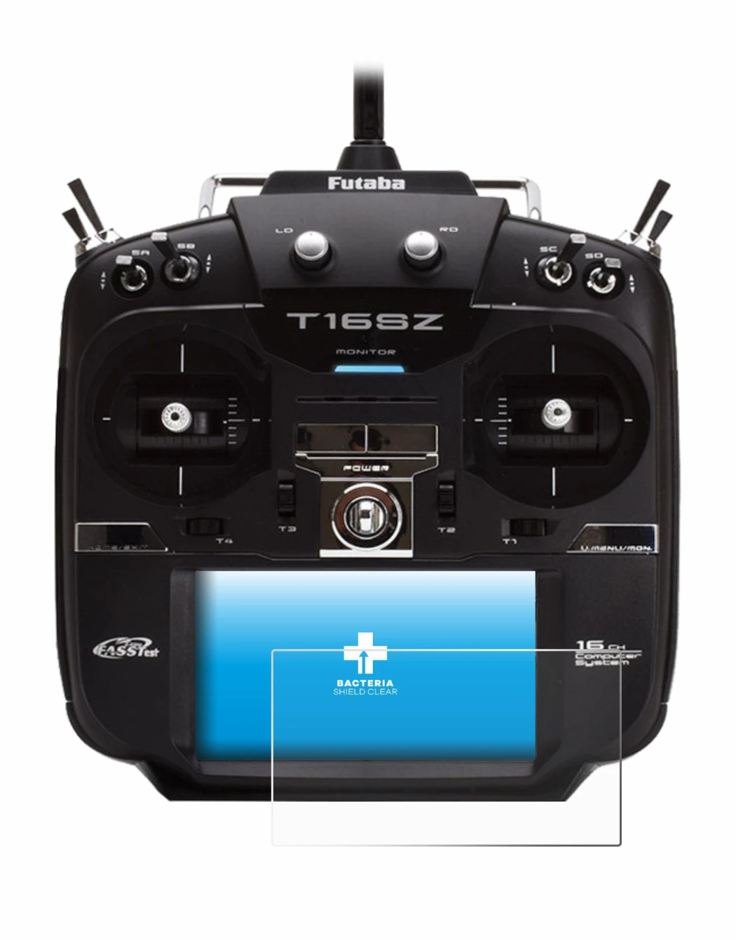 Abbildung des Geräts Robbe Futaba T16SZ mit einer Vielzahl des Displayschutzes.