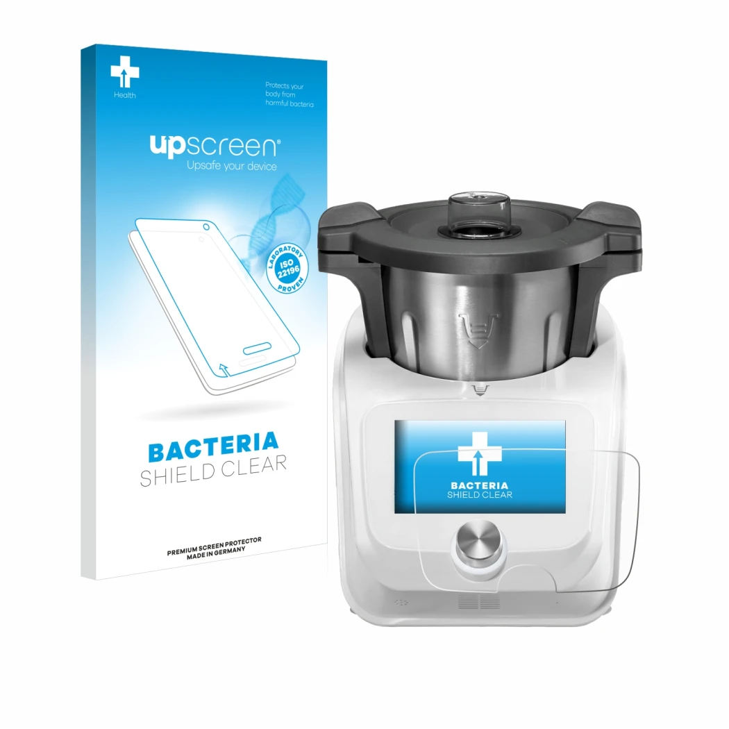 Vorderseite einer Produktverpackung mit dem Markenlogo upscreen. Daneben ist das Gerät SilverCrest Monsieur Cuisine Connect mi