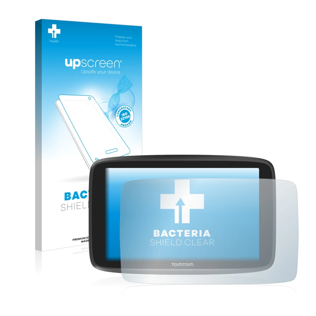 Vorderseite einer Produktverpackung mit dem Markenlogo upscreen. Daneben ist das Gerät TomTom GO Camper mit dem zugehörigen Di