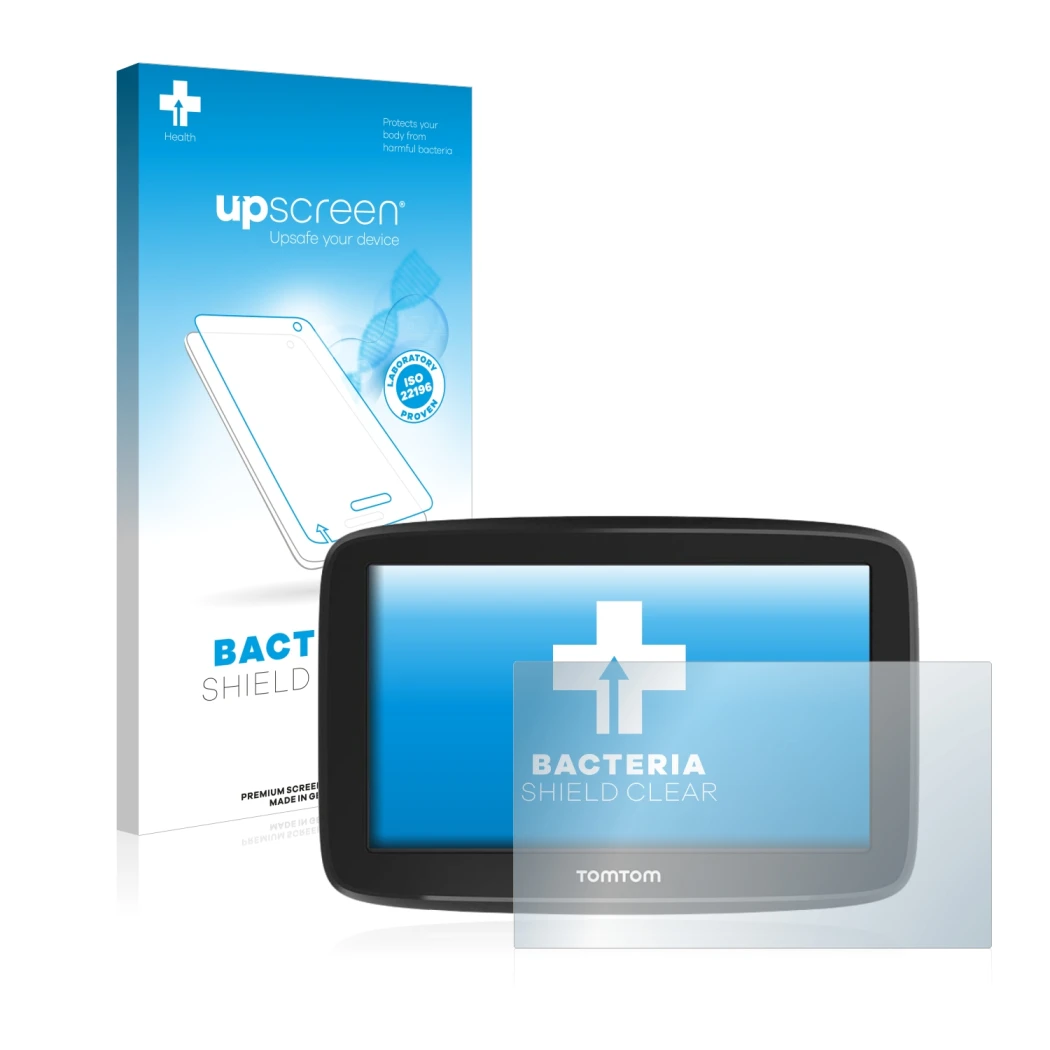 Vorderseite einer Produktverpackung mit dem Markenlogo upscreen. Daneben ist das Gerät TomTom GO Basic (6