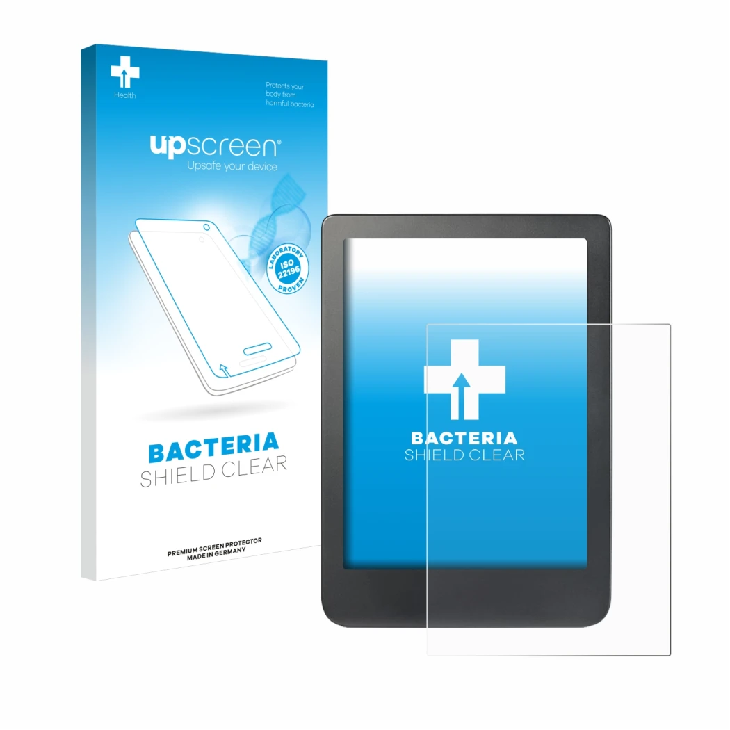 Vorderseite einer Produktverpackung mit dem Markenlogo upscreen. Daneben ist das Gerät Kobo Clara HD (6