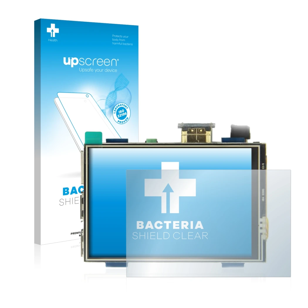 Vorderseite einer Produktverpackung mit dem Markenlogo upscreen. Daneben ist das Gerät Raspberry Pi Touchscreen (3.5