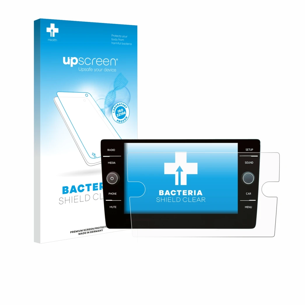 Vorderseite einer Produktverpackung mit dem Markenlogo upscreen. Daneben ist das Gerät Volkswagen Golf 7 2019 Discover Media 8