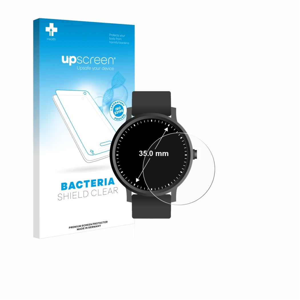 Vorderseite einer Produktverpackung mit dem Markenlogo upscreen. Daneben ist das Gerät Kreisrunde Displays (ø: 35 mm) mit dem 