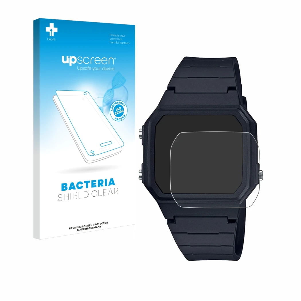 Vorderseite einer Produktverpackung mit dem Markenlogo upscreen. Daneben ist das Gerät Casio Unisex F-91W mit dem zugehörigen 